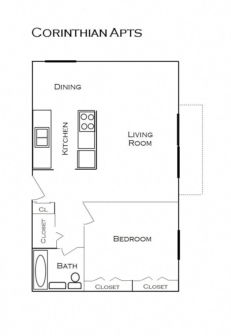 Floor plan for 1 bed, 1 bath, 670 sqft